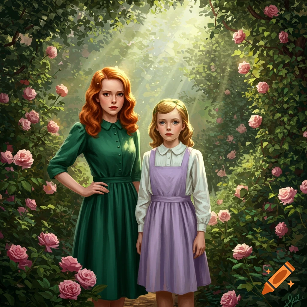 Two young women, one red-haired in green, one blonde in purple, stand in a lush rose garden with sunlight filtering through trees, in an illustrative style.