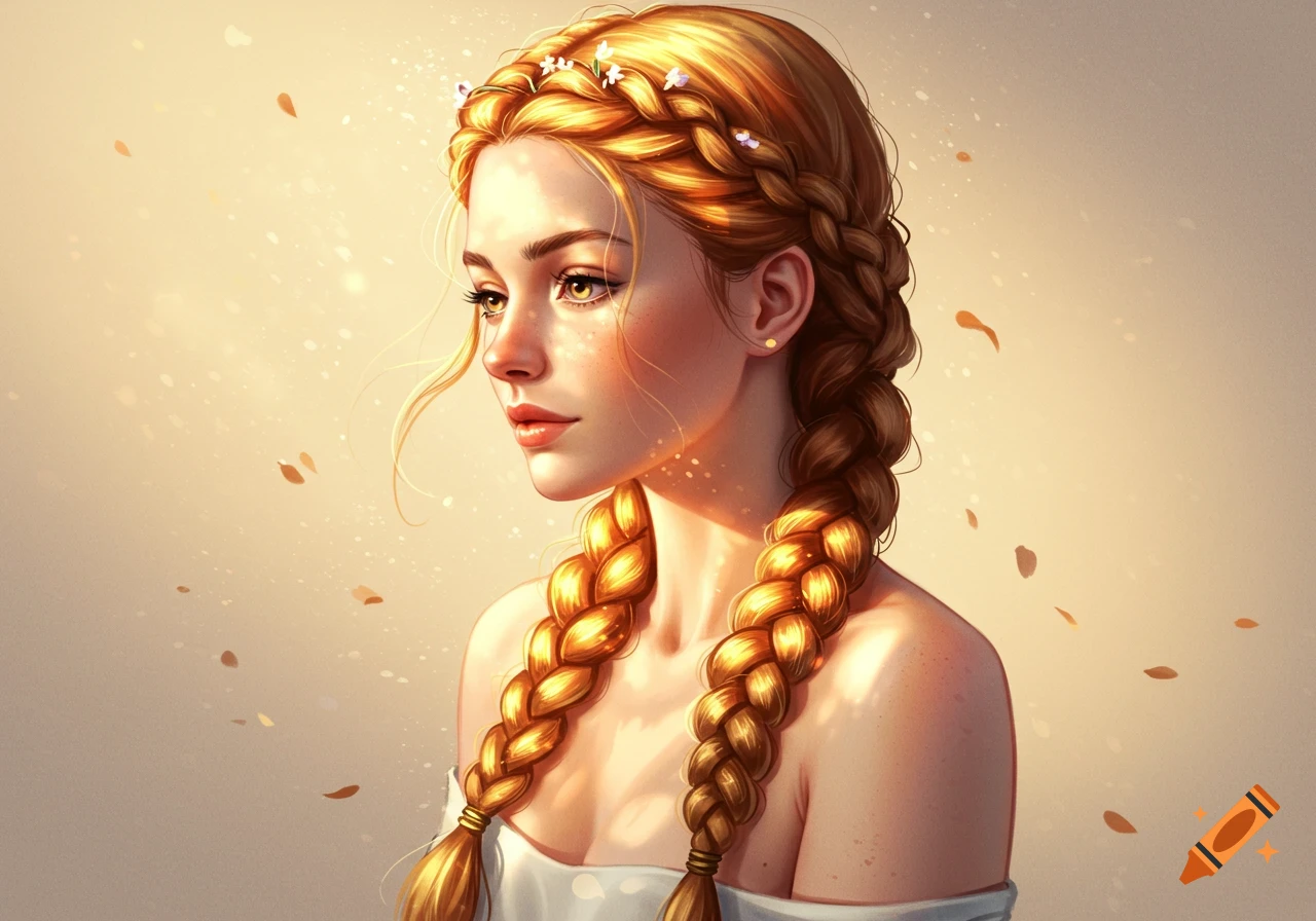 Illustrative portrait of a fair-skinned woman with braided reddish-blonde hair adorned with small flowers.