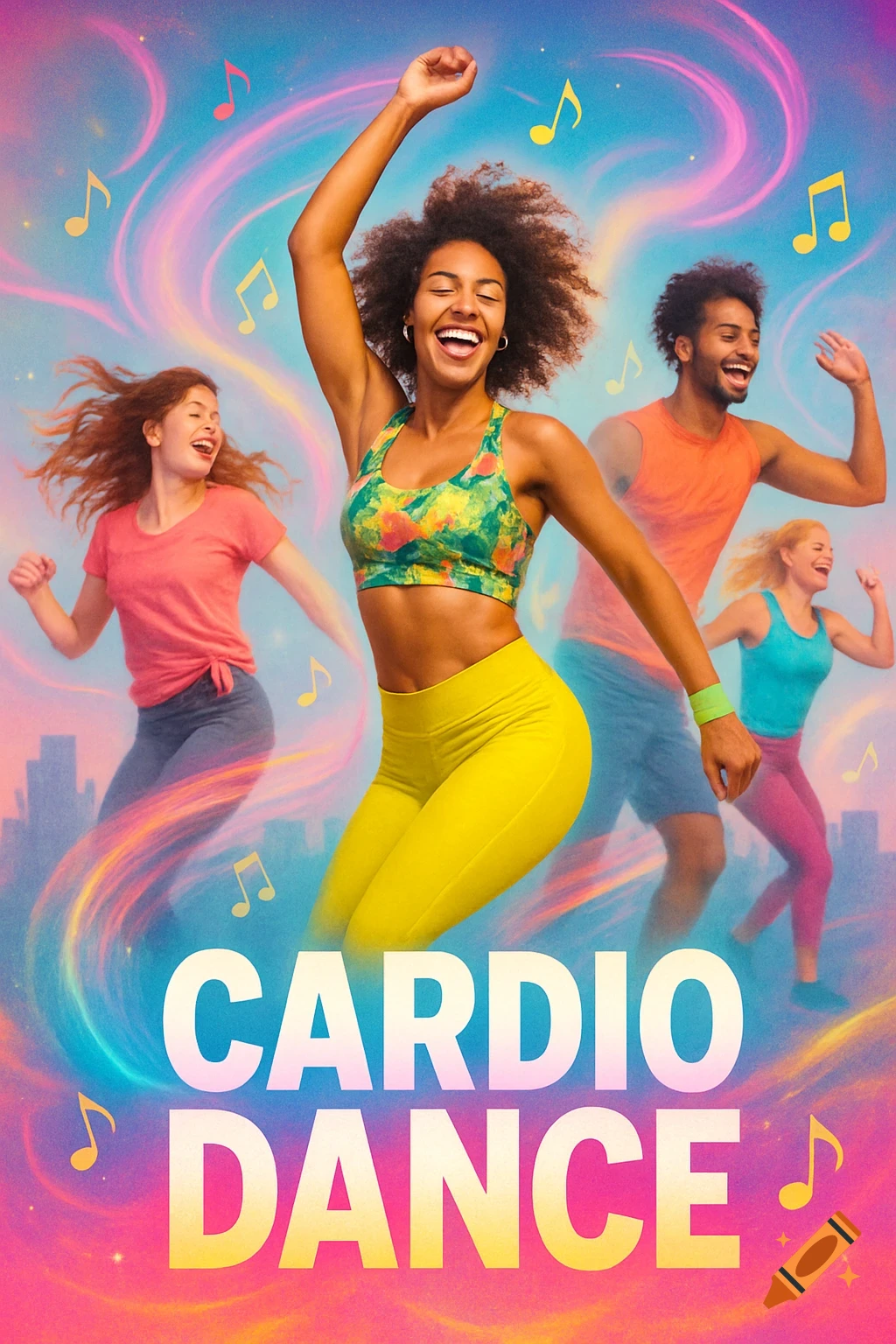 People happily dancing and exercising with vibrant swirling colors and musical notes, with 'CARDIO DANCE' text.