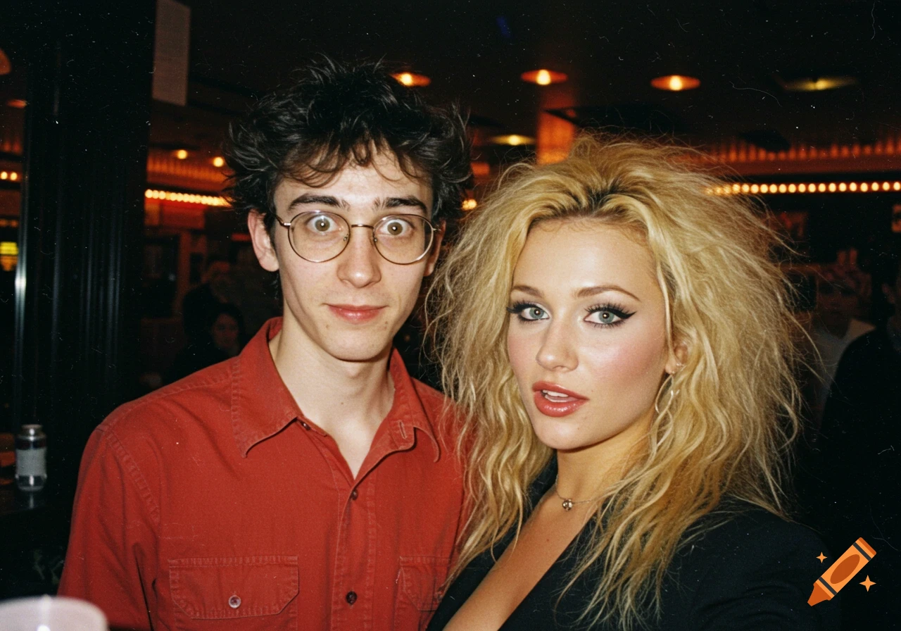 A man in glasses and a woman with messy blonde hair pose in a dimly lit indoor setting.
