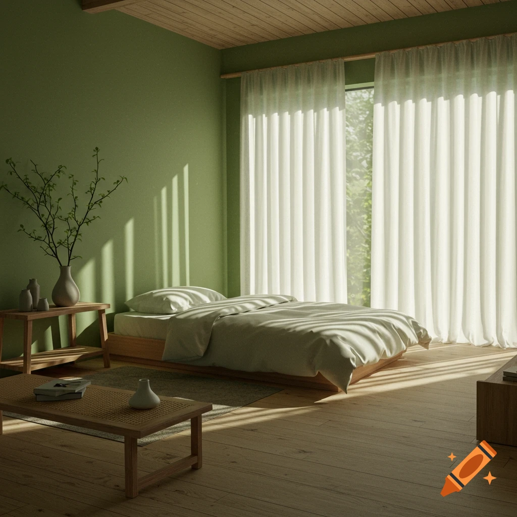 A peaceful bedroom with olive green walls, light wood furniture, and sunlit white sheer curtains.