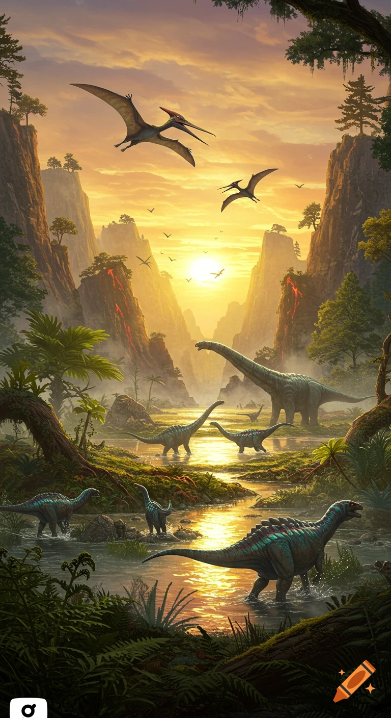Dinosaurs and pterodactyls in a lush prehistoric valley with a river at sunset, vivid and detailed.