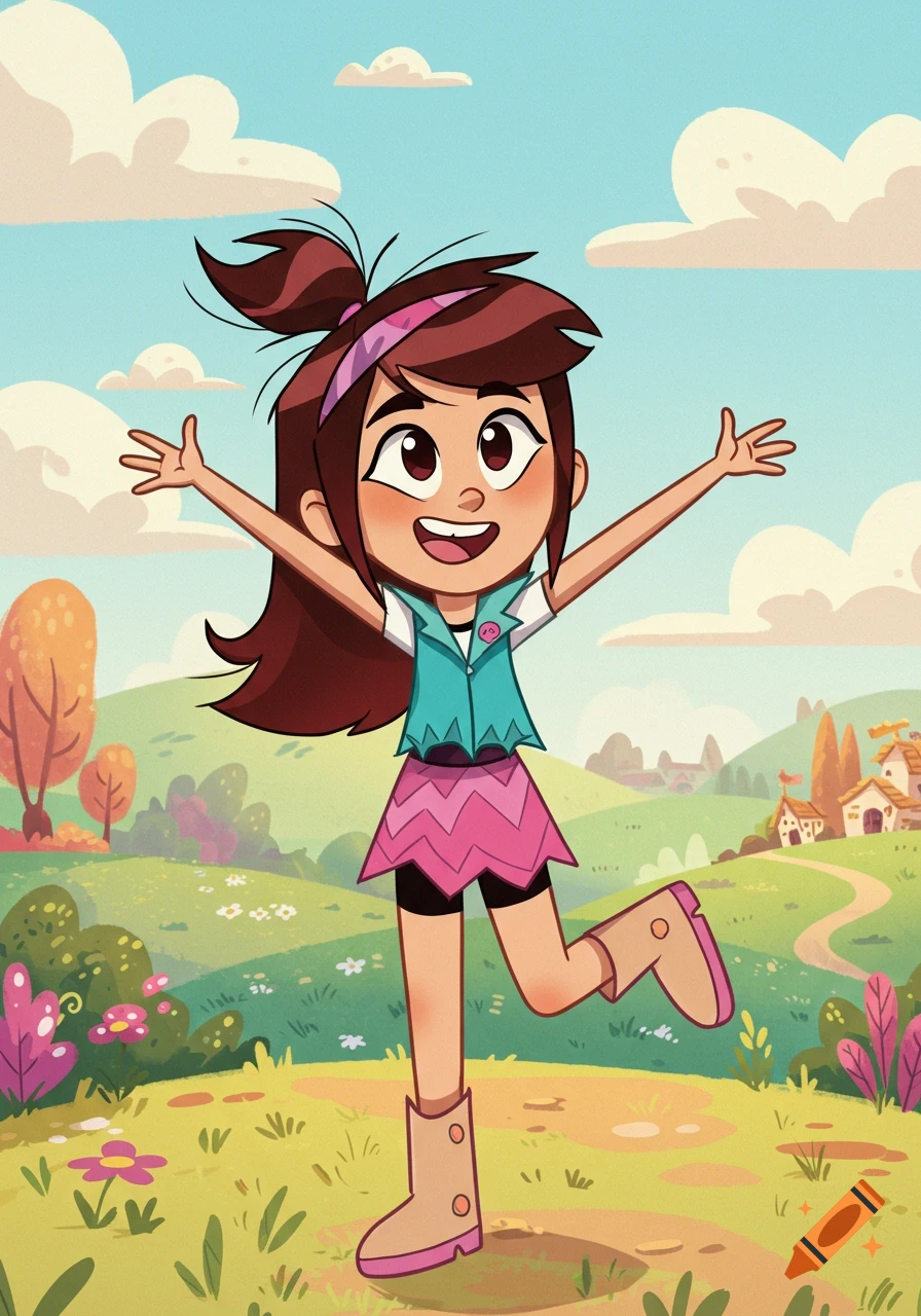 A cheerful cartoon girl with brown hair, wearing a teal vest and pink skirt, joyfully runs through a vibrant, stylized landscape.