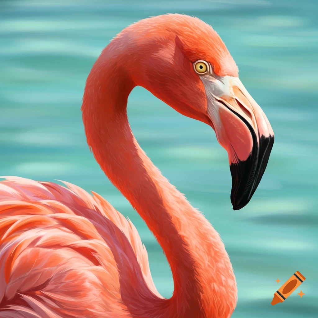 Close-up digital painting of a pink flamingo's head and neck with yellow eyes, against a blurred turquoise water background.