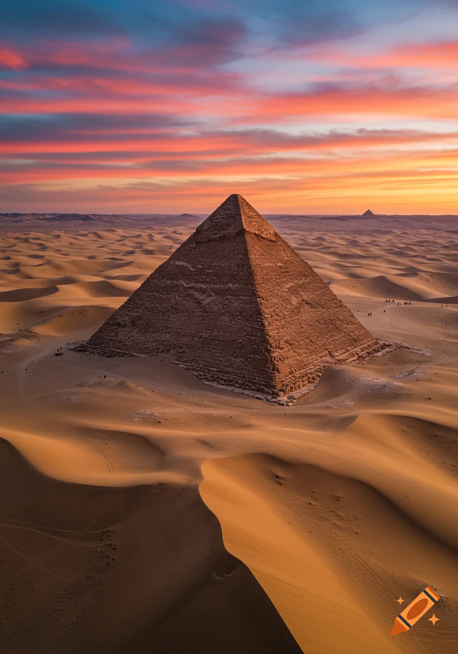 A grand pyramid stands in a vast desert under a dramatic, colorful sunset sky.
