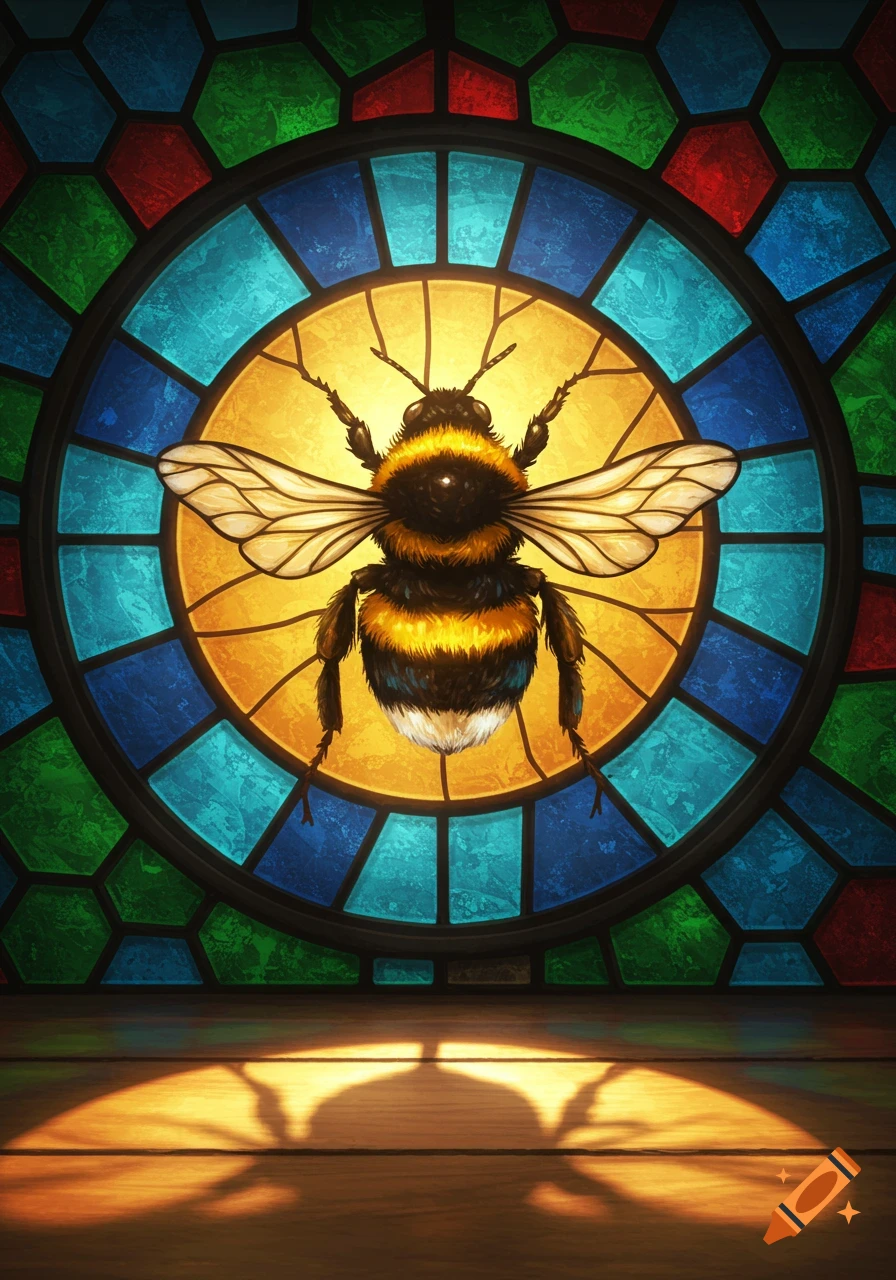 A vibrant stained glass window featuring a bumble bee at its center, with colorful geometric panes and light casting a shadow on a wooden floor.