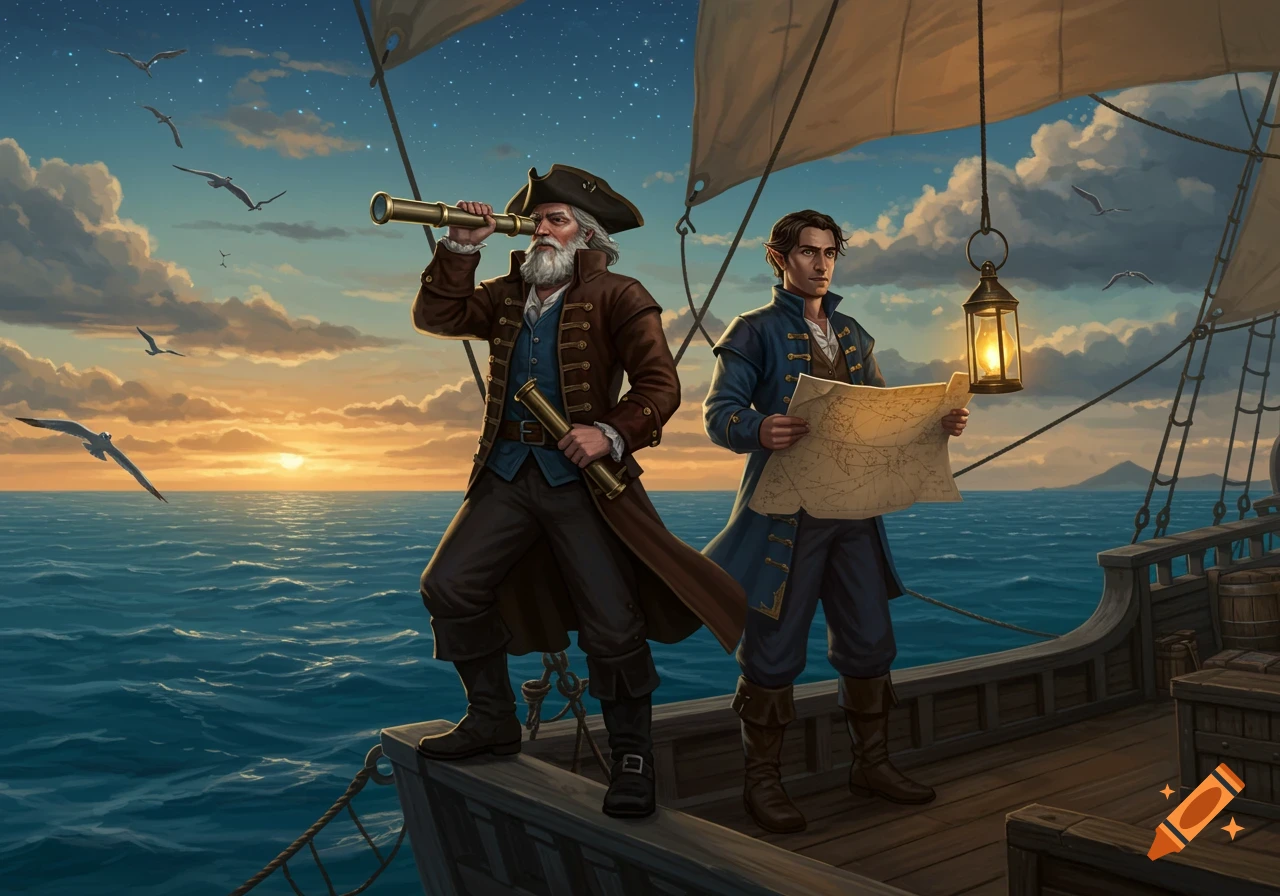 Two fantasy-style pirate captains, one with a telescope, one with a map, stand on a sailing ship at sunset under a starry sky.