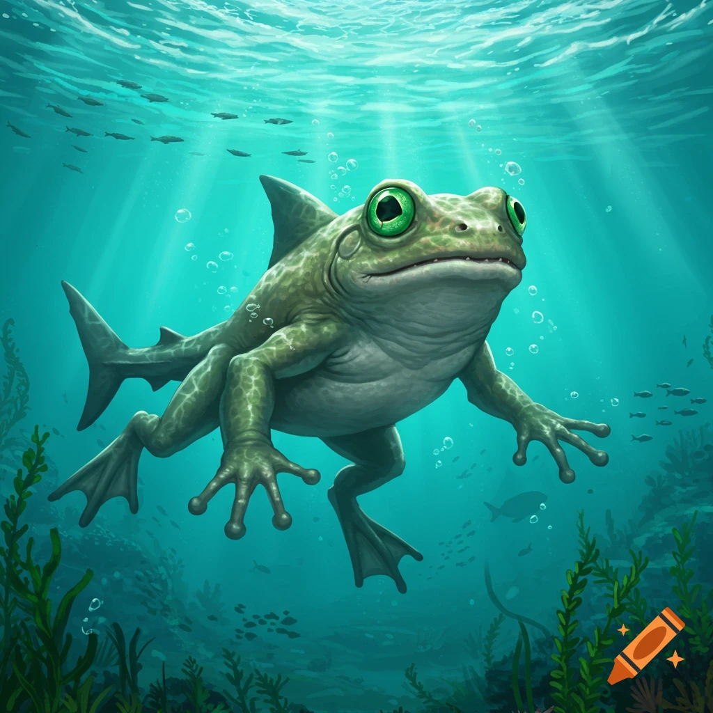 A detailed illustration of a green frog with a shark fin and tail swimming in sunlit blue ocean water.