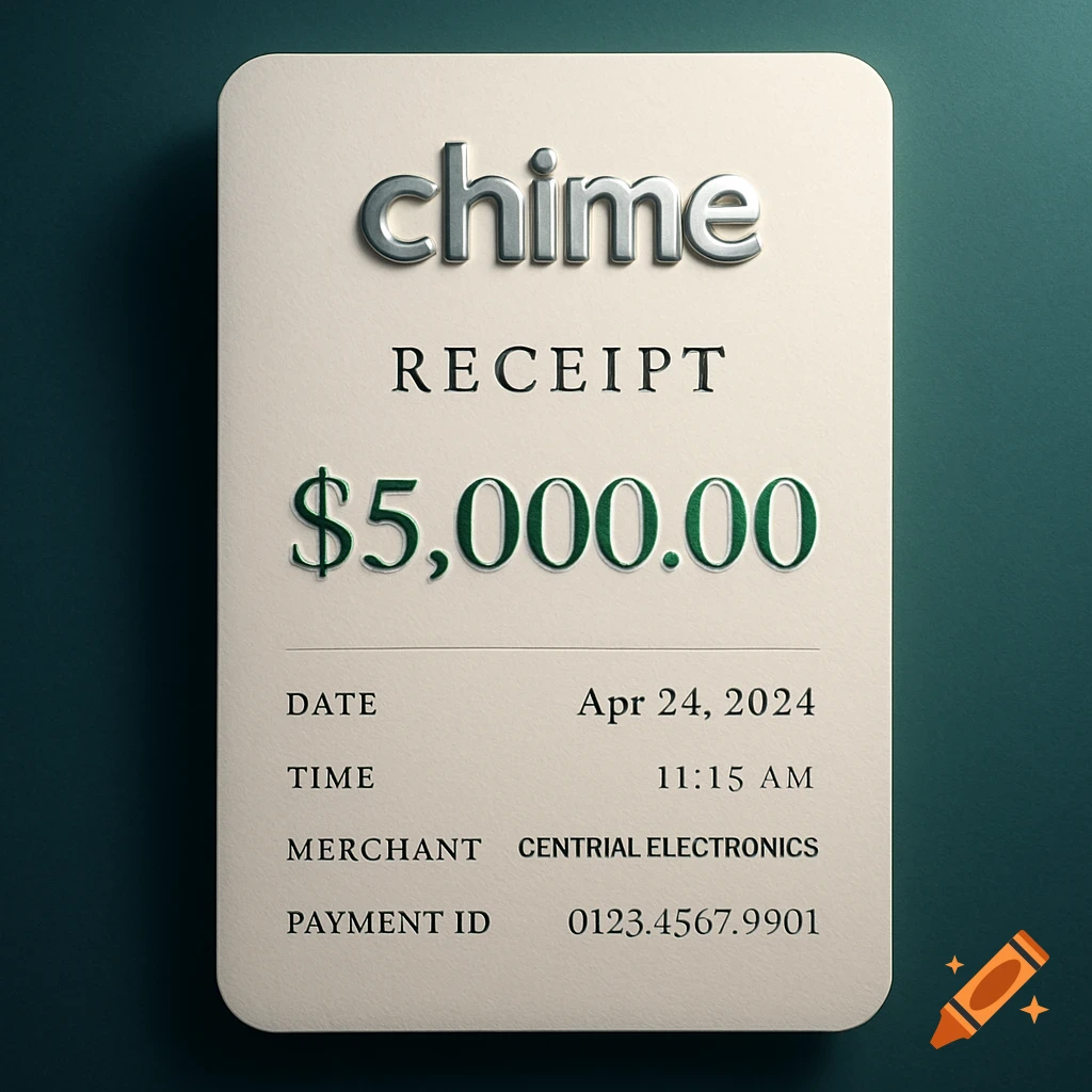 A photorealistic 3D rendered payment receipt from Chime for $5,000.00, dated April 24, 2024, showing a merchant name and payment ID.