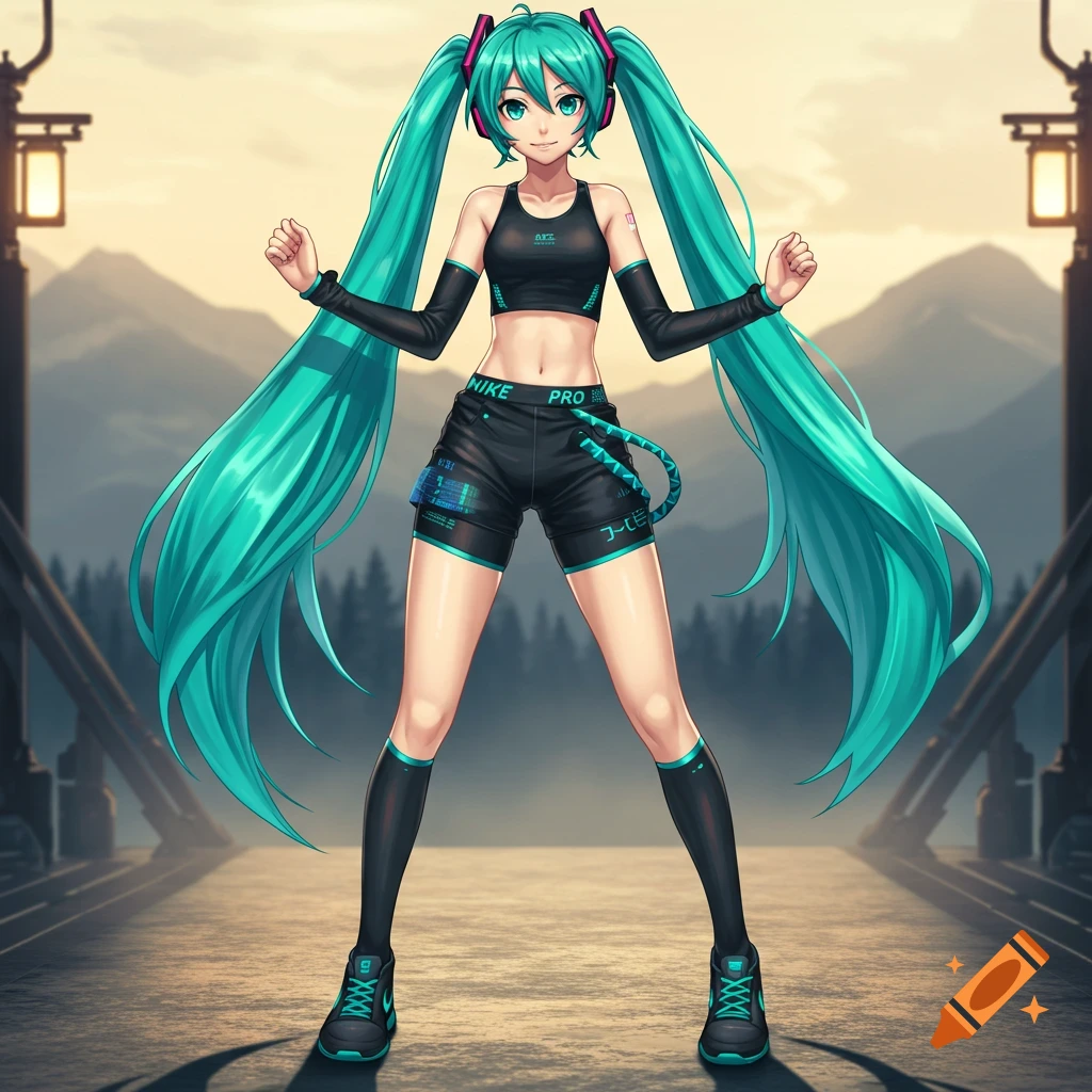 An anime character with long, bright blue pigtails and headphones wears a black sports bra and Nike Pro shorts, standing on a road with mountains in the background.