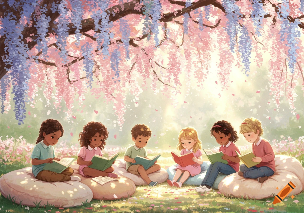 Six diverse children sit on cushions under a tree with pink and blue wisteria, reading books in a bright, pastel-colored outdoor setting.