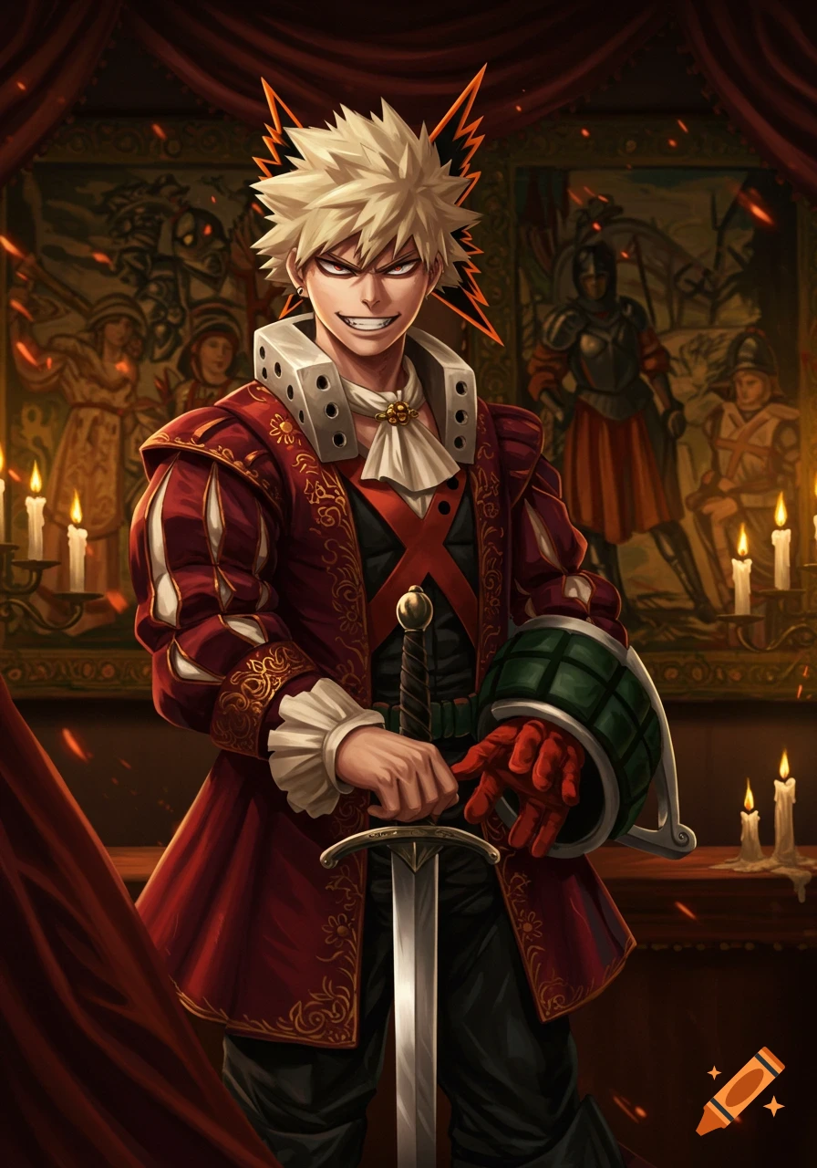 Anime character Bakugo in a red and gold Renaissance costume, holding a sword and smirking, standing in an ornate candlelit room.