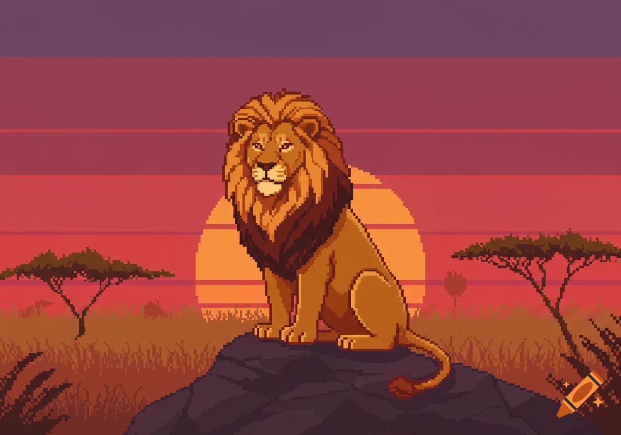 Pixel art lion sitting on a rock at sunset in a savanna.