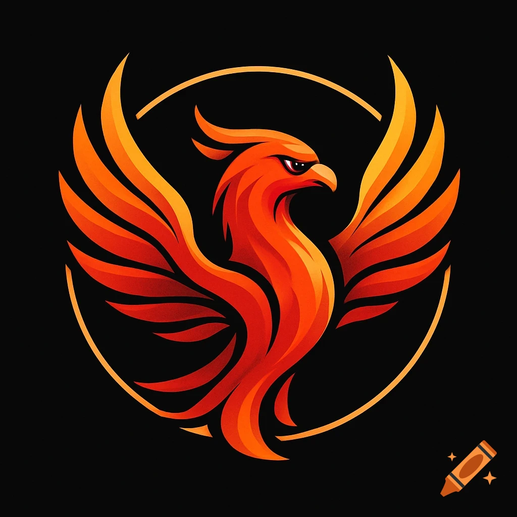 A stylized vibrant orange and red phoenix logo, wings spread, inside a partial orange circle on a black background.