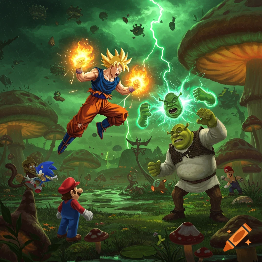 Goku battles Shrek in a vibrant, swampy mushroom forest as another Shrek fuses. Mario and Sonic observe the epic crossover.