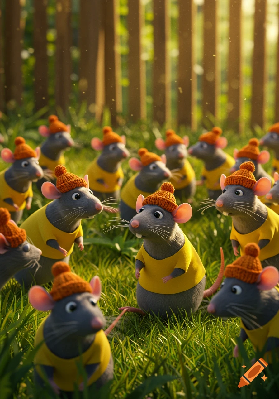 A crowd of 3D rendered rats wearing yellow t-shirts and orange knit hats stand in green grass near a wooden fence.