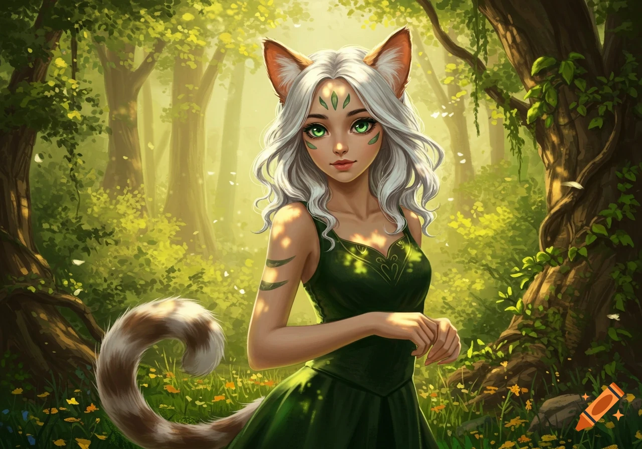 A beautiful anime-style fantasy girl with white hair, green eyes, cat ears, and a striped tail wears a green dress in a sunny forest.