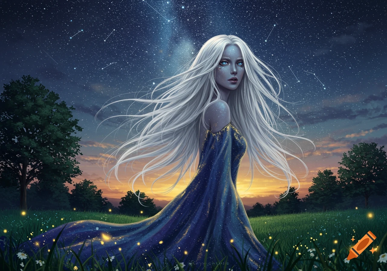 An illustrated fantasy image of a blue-skinned woman with long white hair in a sparkling blue dress, standing in a field under a starry night sky.