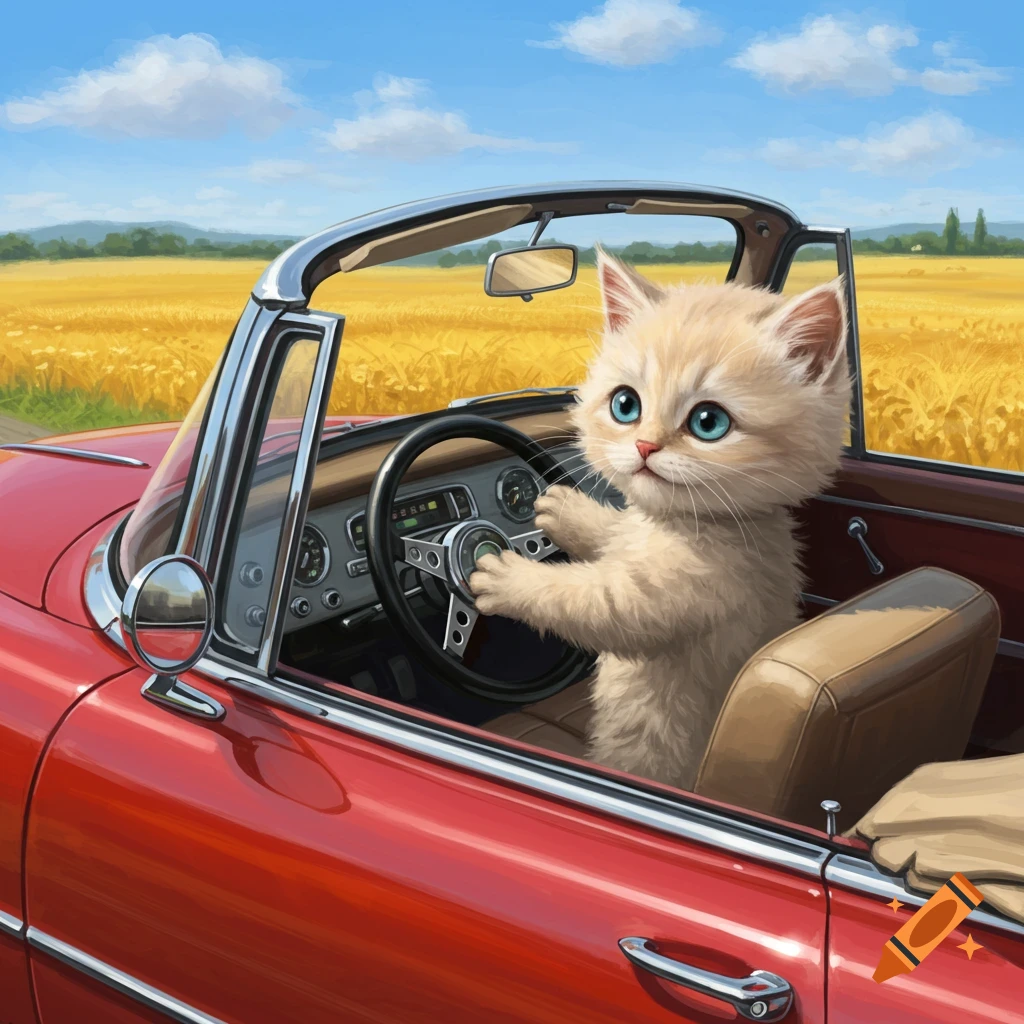 A cute, fluffy kitten with blue eyes drives a red convertible car along a road next to a golden field under a blue sky.