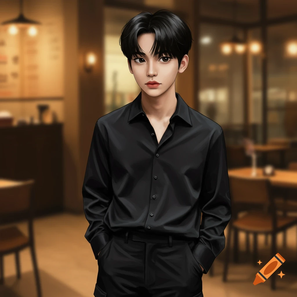 An illustrated young South Korean man with black hair and dark eyes, wearing a black shirt and cargo pants, standing with hands in pockets in a blurred cafe setting.