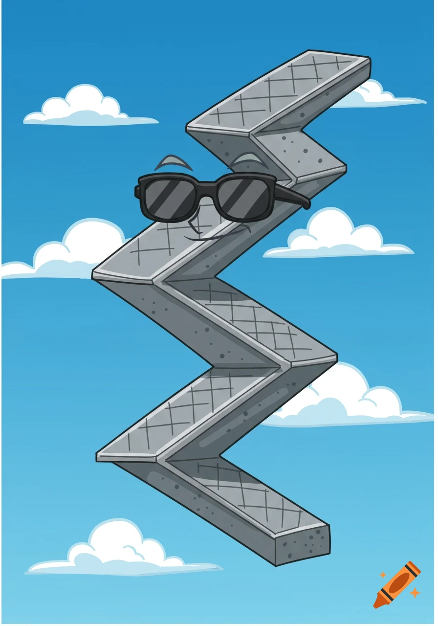 A cartoon gray Z-shaped character wearing sunglasses floats in a blue sky with white clouds.