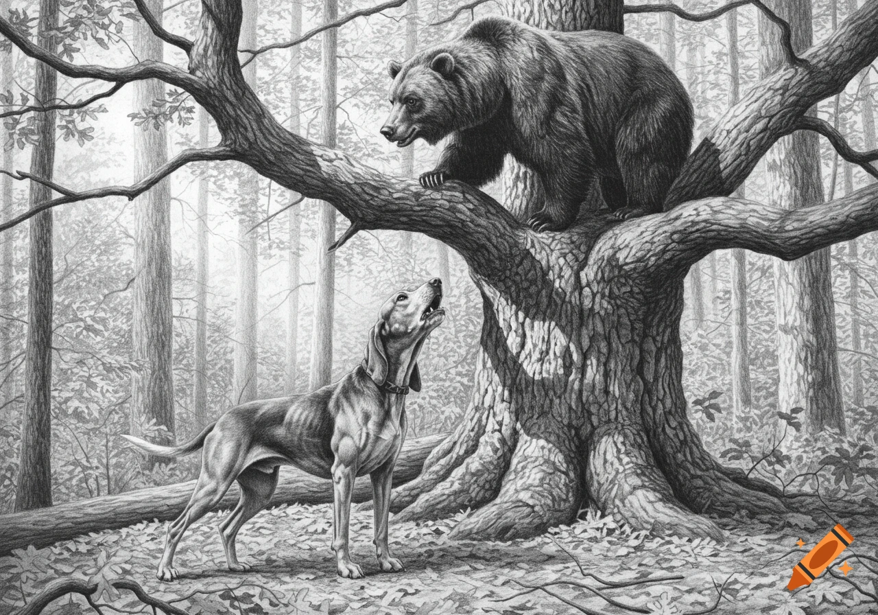 A hound dog barks up at a bear in a tree in a forest, depicted in a detailed black and white pencil drawing.