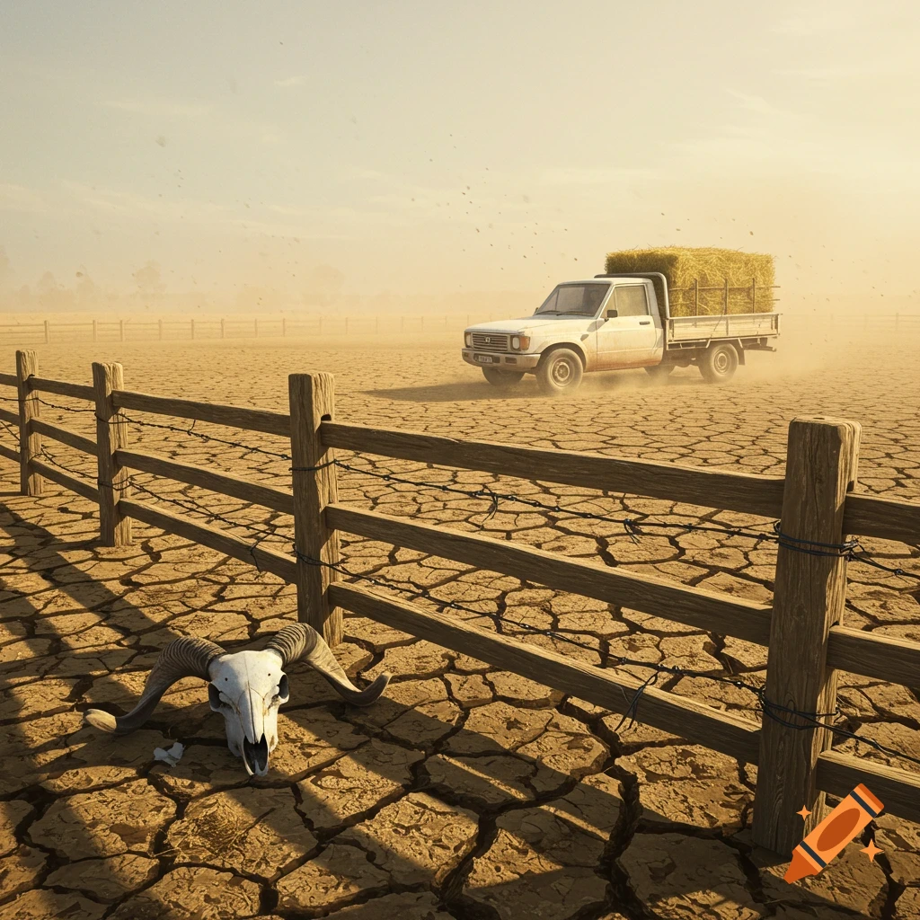 Photorealistic painting of a white pickup truck with hay on a dry, cracked farm field with a ram skull and fence.