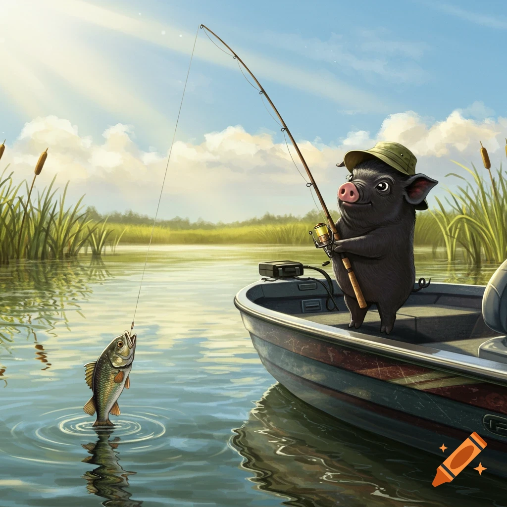 A cute black pig wearing a hat fishes from a boat on a calm lake, catching a fish on a sunny day.