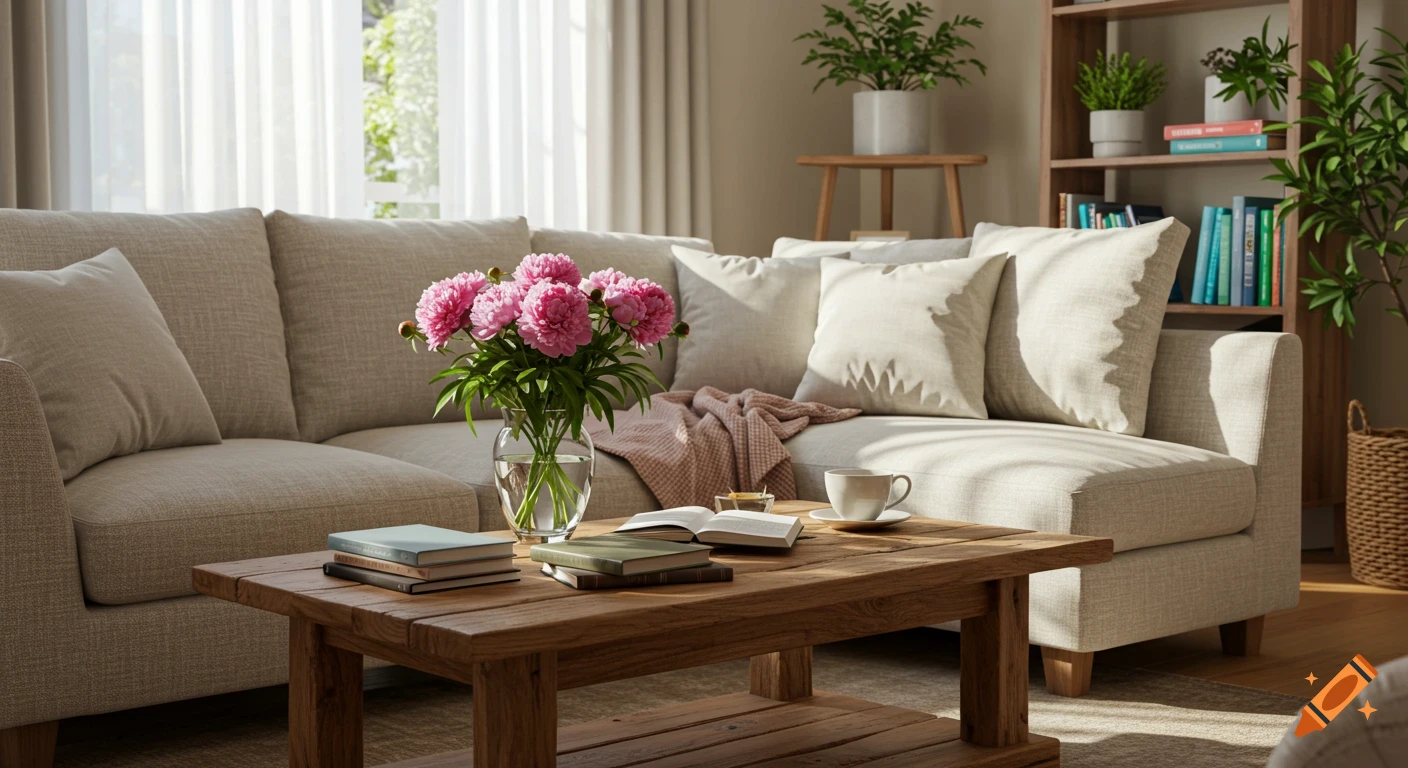 A photorealistic image of a cozy living room with a beige sofa, a wooden coffee table with books and a vase of pink peonies, and a bookshelf with plants.