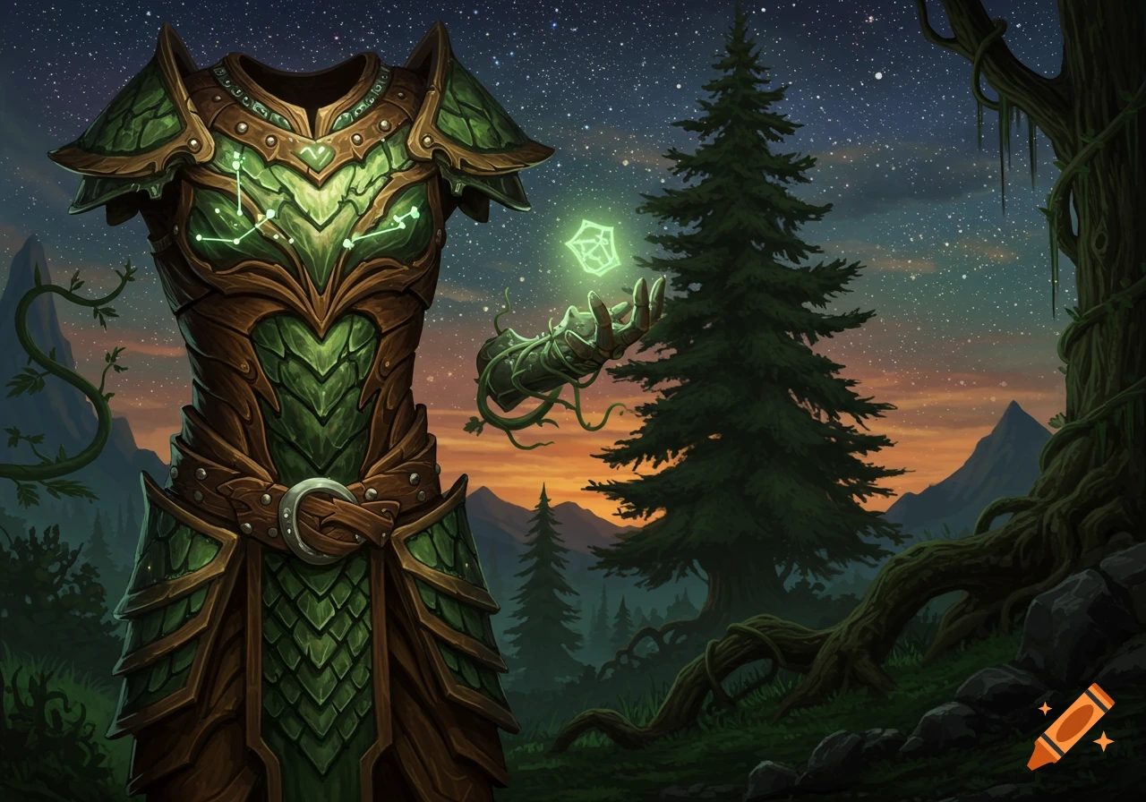 A fantasy illustration of green scale mail armor adorned with glowing constellations, a hand holding a glowing crystal, set against a starlit forest and mountains.