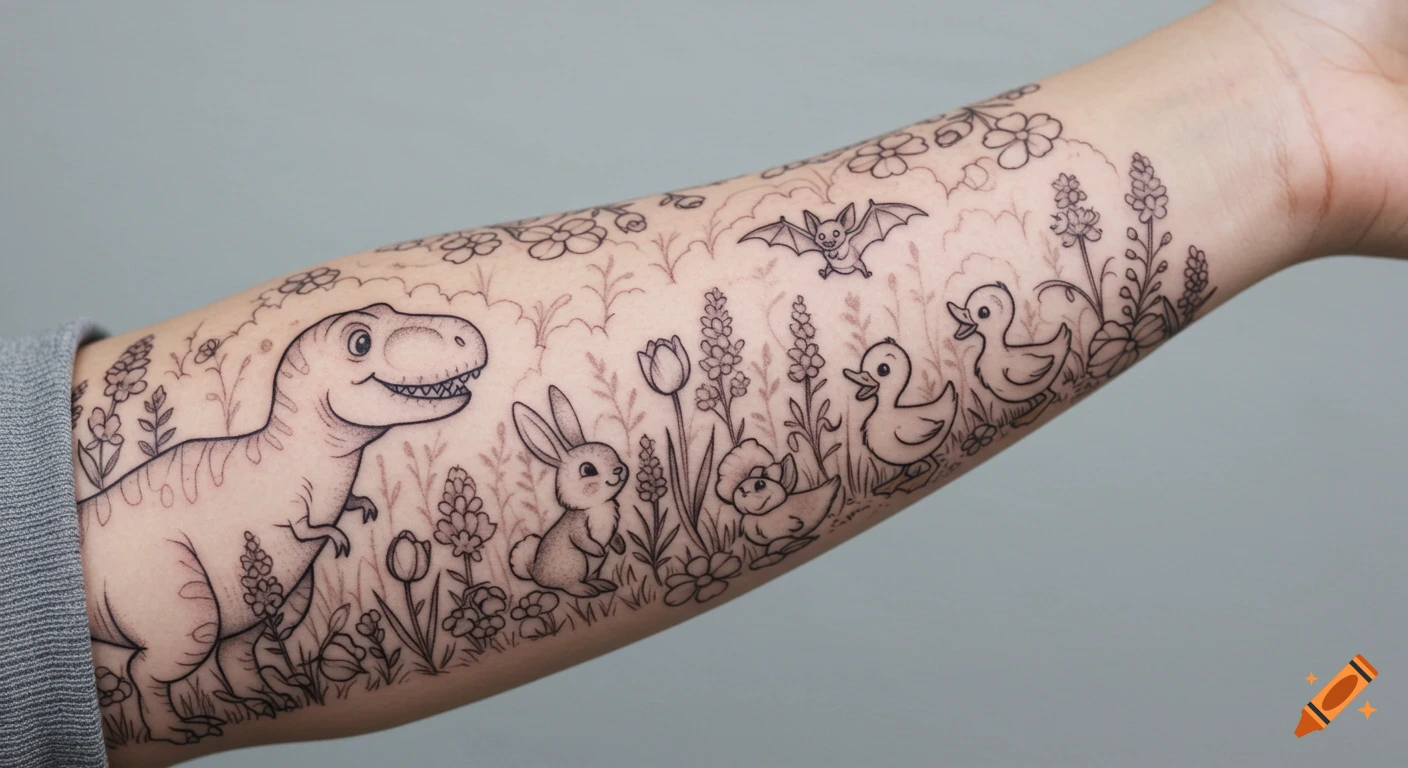 A black and white line art tattoo on a forearm showing a whimsical garden with a T-Rex, bunny, ducklings, and a bat.