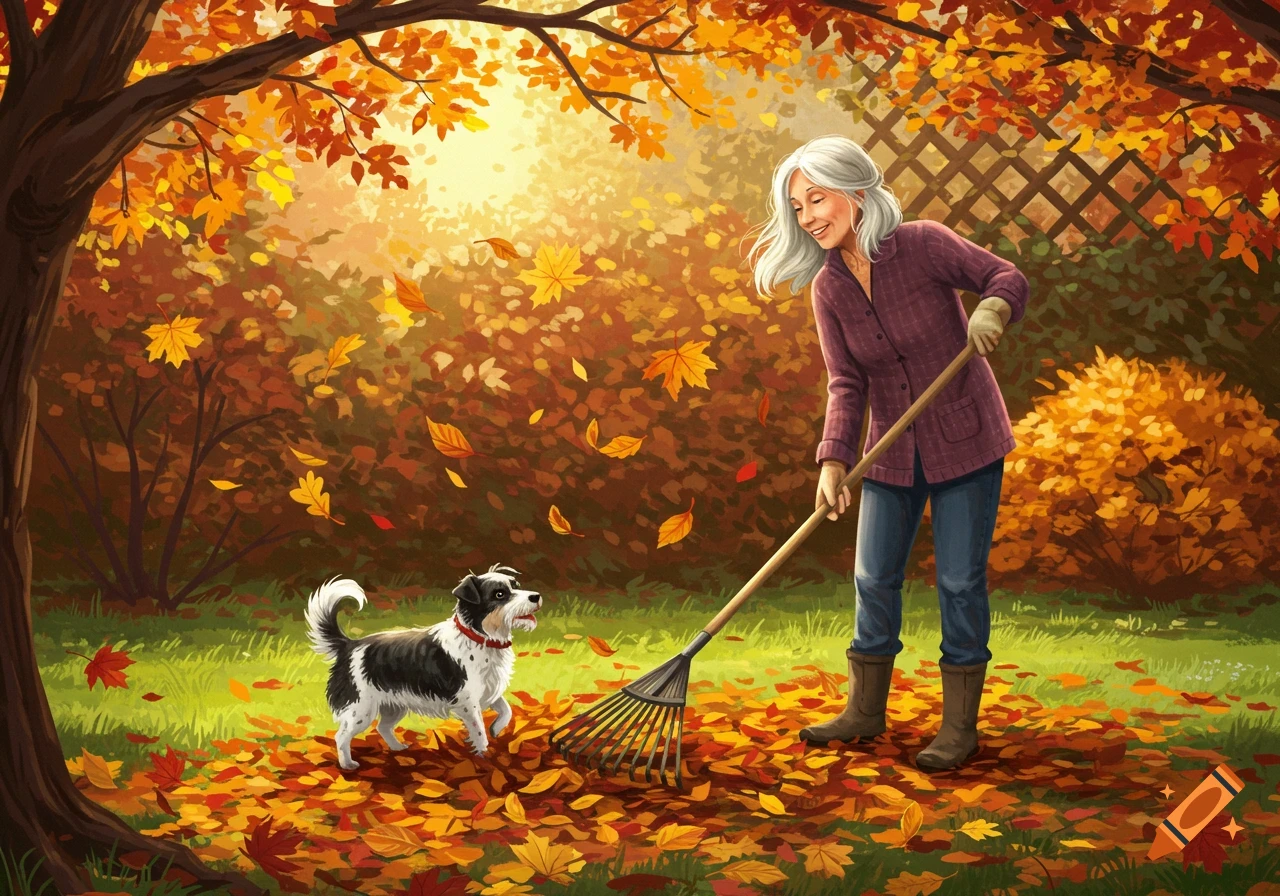 A smiling gray-haired woman rakes colorful autumn leaves in a sunny yard while a small black and white dog watches.