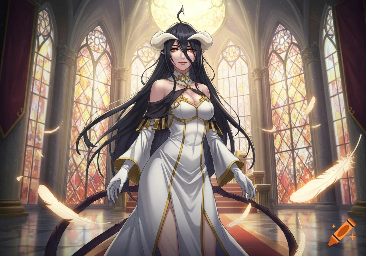 Anime-style Albedo from Overlord in a white dress stands in a grand hall with stained glass windows.