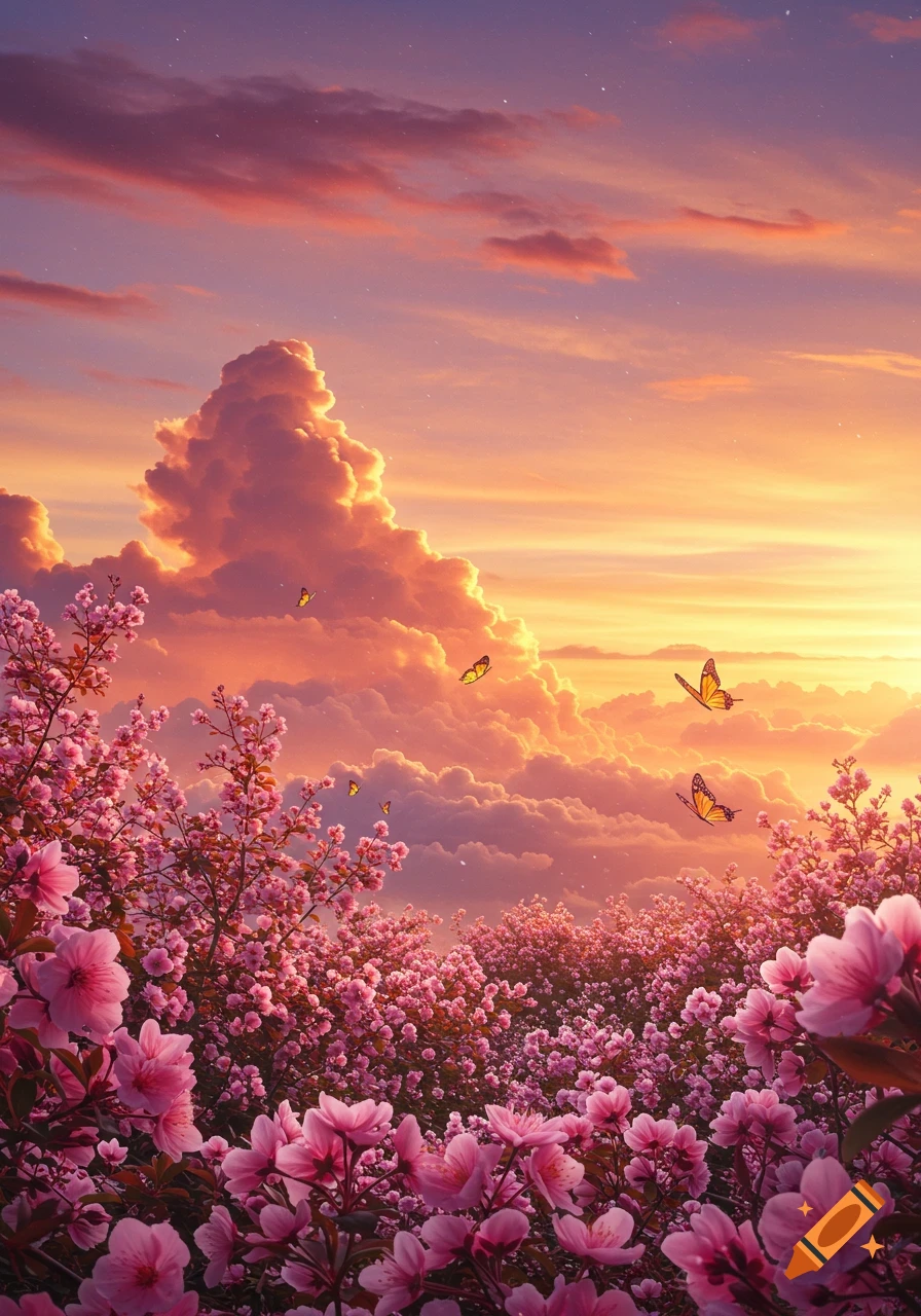 A vibrant pink flower field under a dramatic orange and purple sunset sky with fluffy clouds and butterflies.