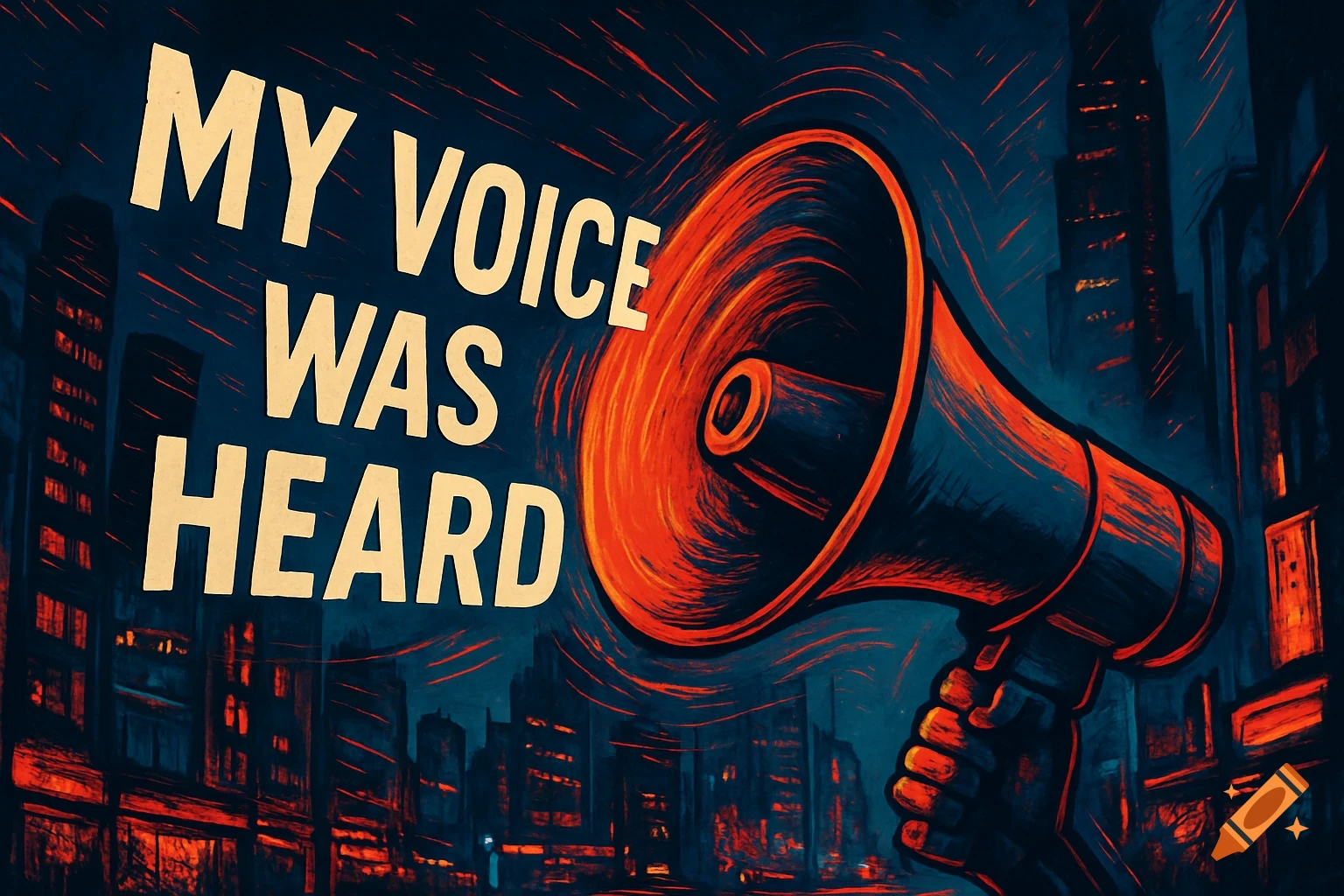 Stylized graphic of a hand holding a megaphone with the text 'MY VOICE WAS HEARD' over a dark cityscape.