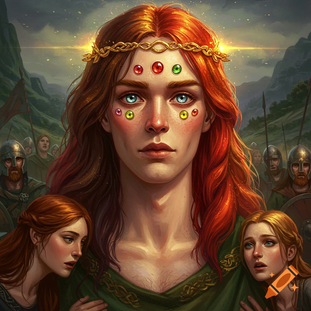 A majestic fantasy figure with fiery red hair and jeweled face and eyes, wearing a gold crown, stands before an army in a mountainous landscape. Two smaller figures appear at the bottom.