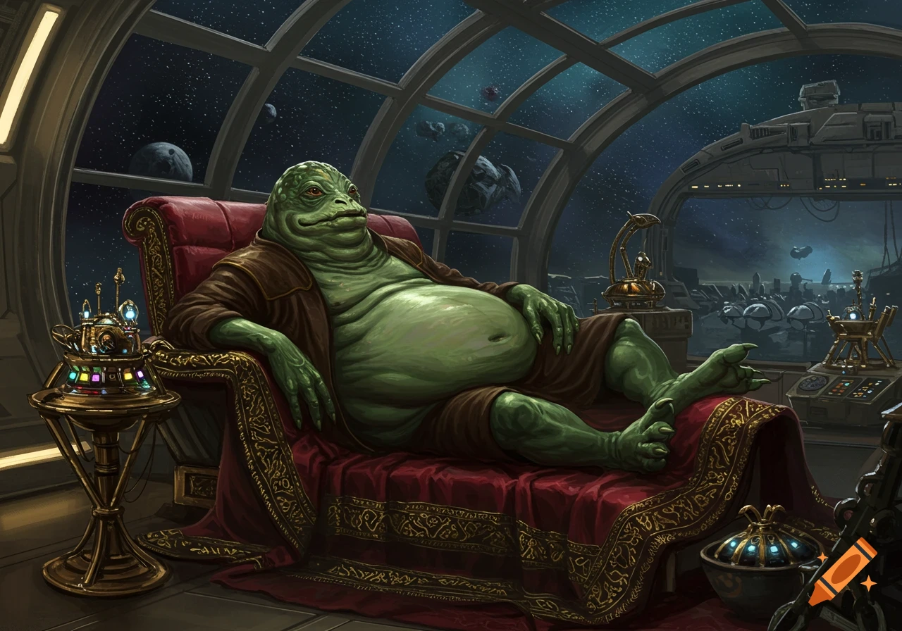 A large, green, slug-like alien lounges in a red armchair in a spaceship, looking out a window at planets and other spacecraft in space. Digital art.
