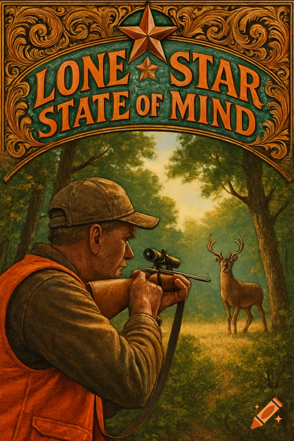 A hunter aims a rifle at a deer in a wooded clearing, beneath an ornate arch displaying "LONE STAR STATE OF MIND" and a star.