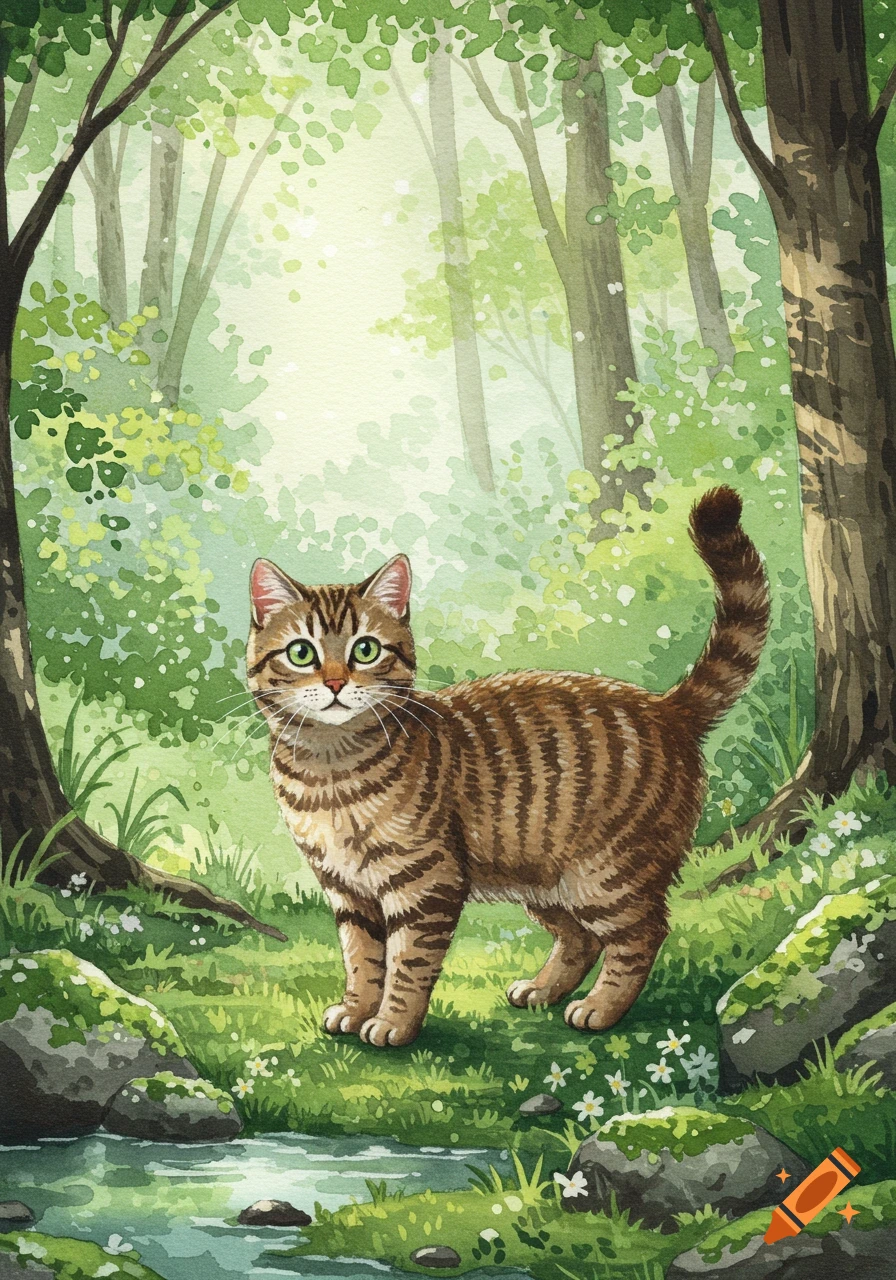 A watercolor painting of a brown tabby cat standing in a sunlit forest next to a small stream.