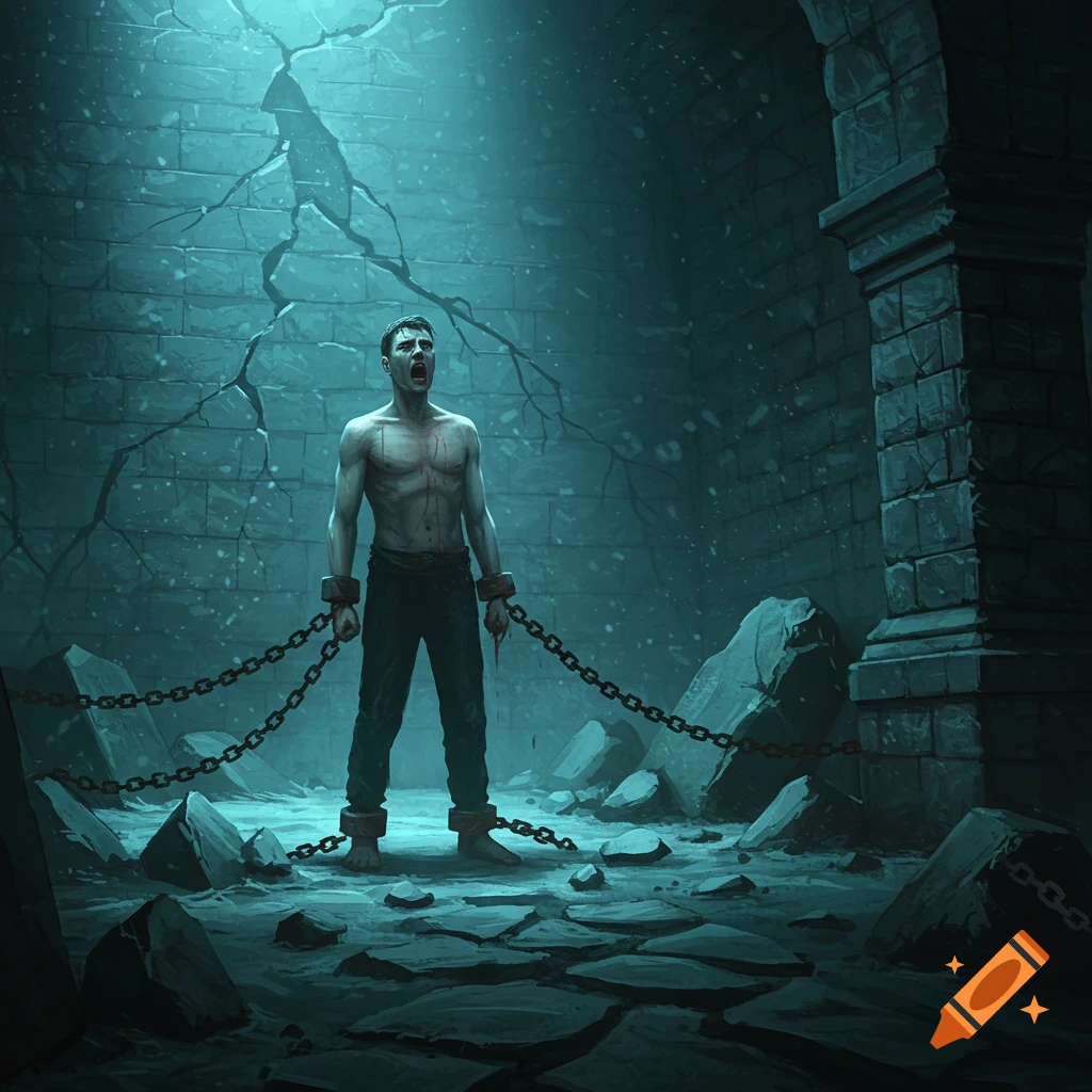 A man with chains on his wrists and ankles screams in agony in a dark, ancient stone dungeon with debris on the floor, lit by an ethereal blue light from above.