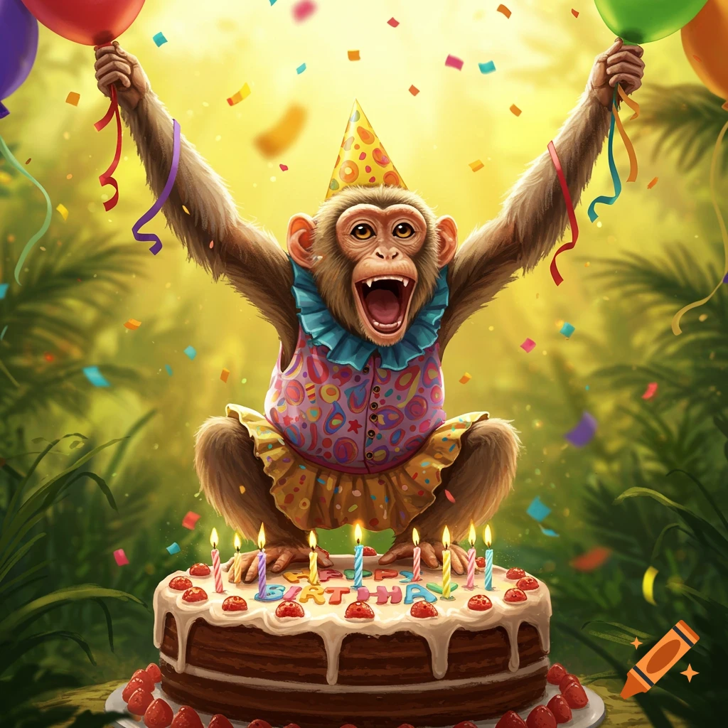 A happy monkey in a party hat and colorful clothes celebrating its birthday with a cake, balloons, and confetti.