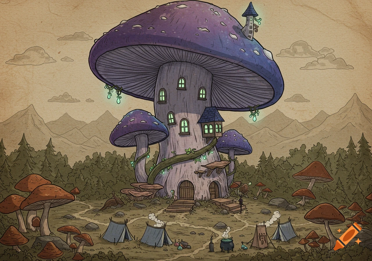 A fantasy D&D map illustration of a giant purple mushroom tower with glowing windows, surrounded by a forest, mountains, and camping tents.