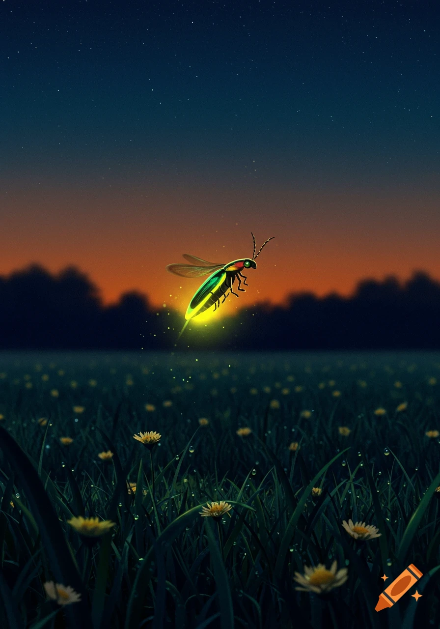 An illustration of a glowing firefly flying over a field of green grass and small yellow flowers at twilight with a starry sky.