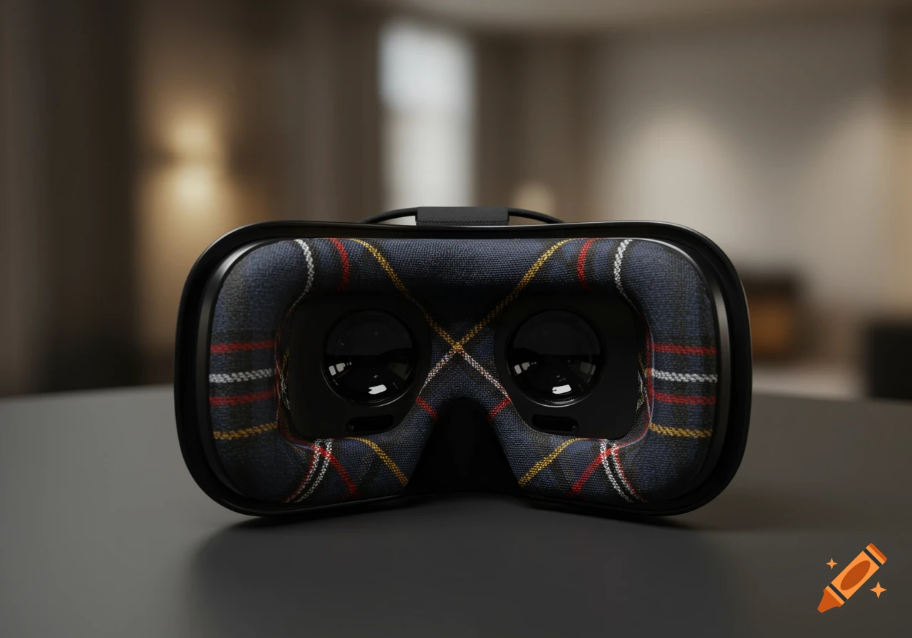 A high-end VR headset with a dark blue and red tartan lining, resting on a dark surface in a softly lit room, product photography style.