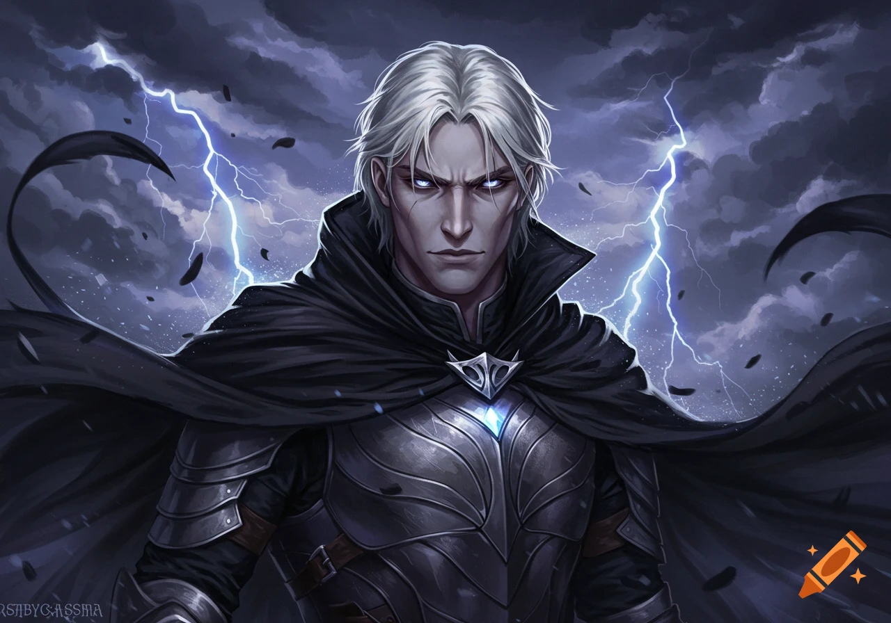 A fantasy illustration of a stern man with white hair, glowing blue eyes, and dark armor against a stormy, lightning-filled sky.