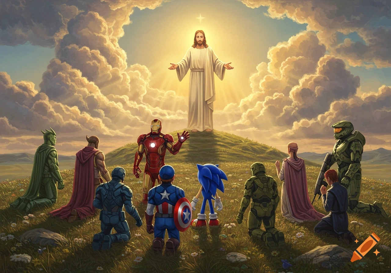 Jesus stands on a hill as Iron Man, Captain America, Sonic, and other pop culture figures kneel to him in a grassy field under a bright sky.