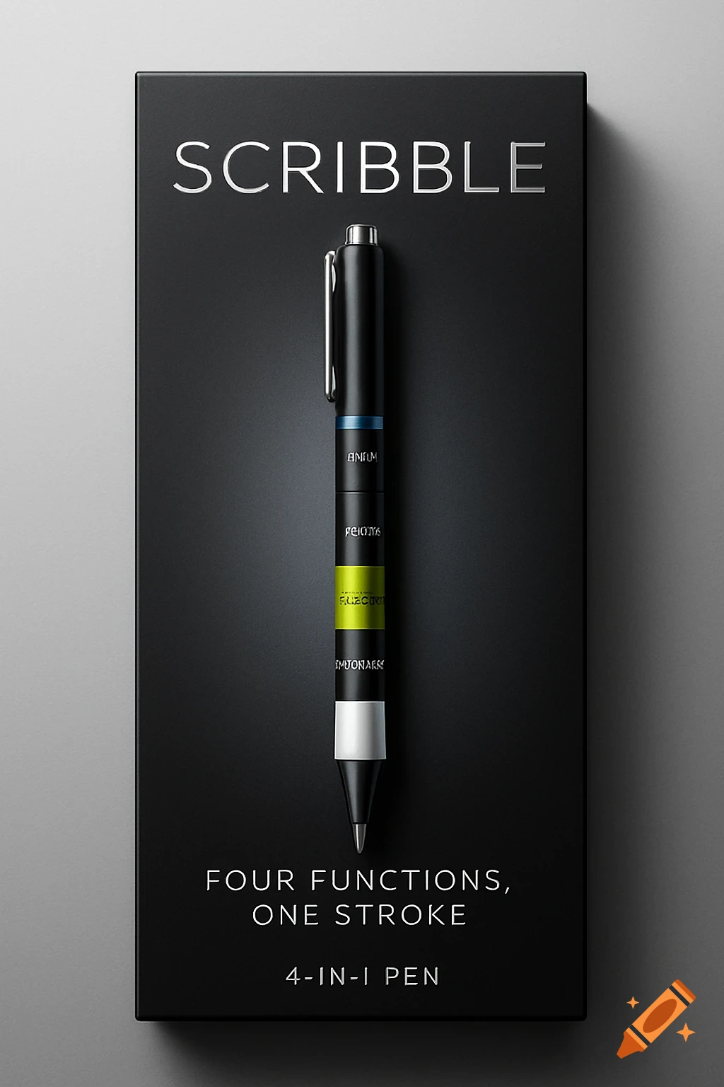 A black minimalist product packaging for a 'SCRIBBLE' 4-in-1 pen, featuring the black pen with colored bands on a dark background.