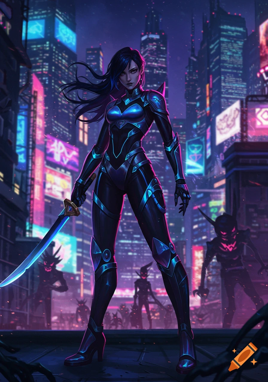 A female warrior in a dark armored suit with glowing blue accents stands in a neon-lit cyberpunk city at night, holding a glowing sword, with shadowy demon-like figures in the background.