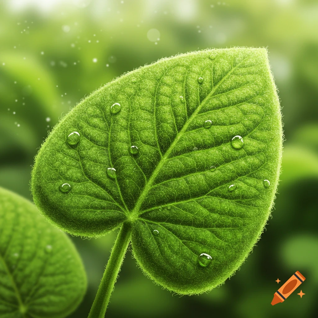 Close-up of a vibrant green leaf covered in water droplets with a fuzzy texture, set against a soft bokeh background.