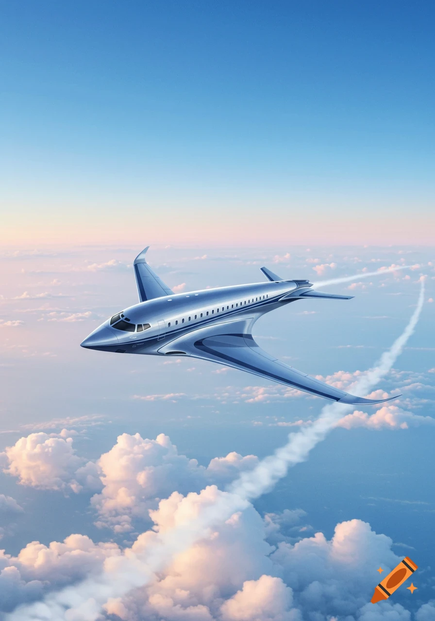 A sleek, silver futuristic jet aircraft with unique wing design flies through a clear blue sky above fluffy white and pink-tinged clouds.